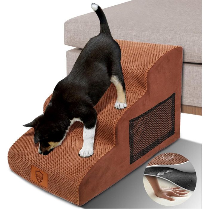 Calling Dog Stairs, Dog Stairs for Small Dogs, Waterproof Dog Stairs 40 cm High, Injury Prevention High-Quality Sponge Cat Stairs, Non-Slip Washable Dog Ramp for Sofa Bed Car (3-Step Dog Stairs, Brown)