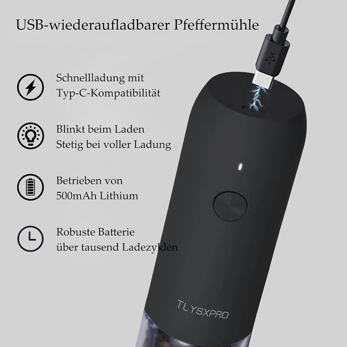 TLYSXPRO Salt and Pepper Grinder Electric 2-Piece Set, USB Rechargeable, Adjustable Coarseness Spice Grinder, Electric Pepper Grinder with LED Light, Electric Pepper Grinder, Kitchen Gadgets