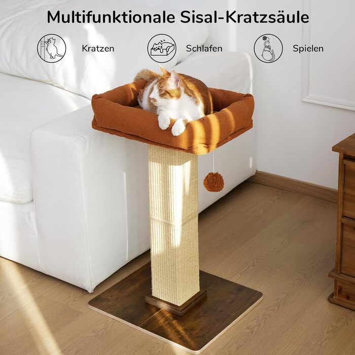 Дерево для котів FUKUMARU, 73 см, з платформою 46 x 36 см, ретро-стиль, з місцем для відпочинку, великий краш-тур з ліжком, з натурального сизалю та масивного дерева. XL