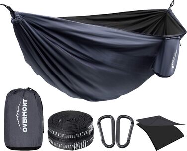 Гамак Overmont двошаровий сертифікований TÜV, 400 кг, 280x185 см, нейлон, для кемпінгу, відпочинку на природі, чорний, темно-сірий