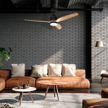 Стеляний вентилятор Ufesa, 40W, 6 швидкостей, надзвичайно тихий, 3 дерев'яних лопаті 132см, літньо-зимовий режим, таймер 8год, пульт керування, з підсвічуванням, чорний - світле дерево