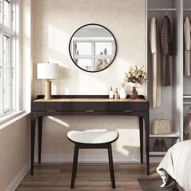 Круглий настінний дзеркало WOLTU 40 см з рамою, сучасний декор для ванної, спальні, вітальні, коридору, декоративне дзеркало для макіяжу зі скла, металу та MDF, з гачком (71L x 71B см, Чорний)