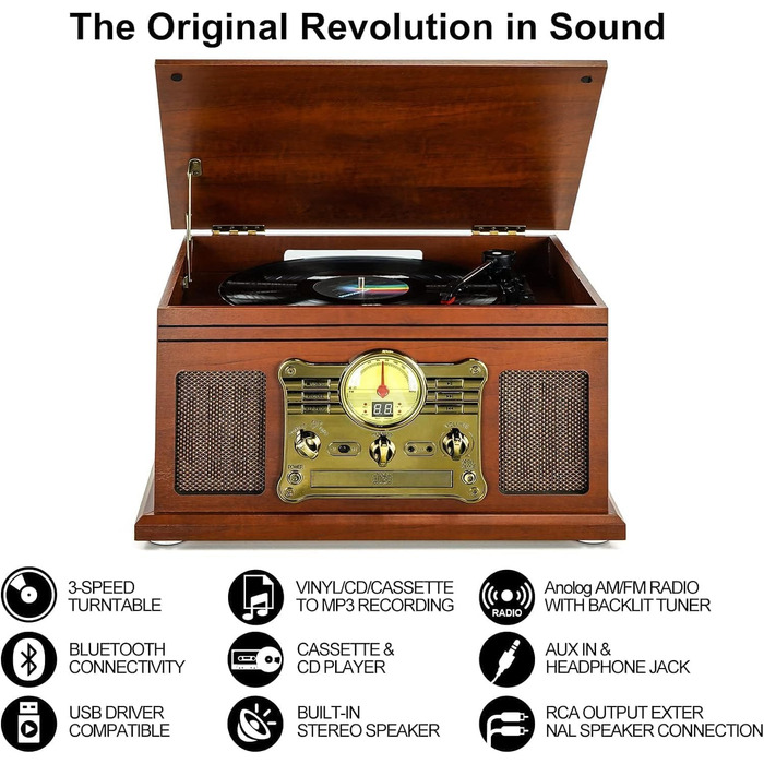 Програвач вінілу HiFi Bluetooth USB Braun: компактна стереосистема з динаміками, регульованим противагом та магнітним картриджем, RCA вихід