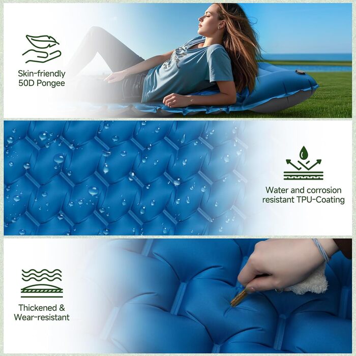 Надувний килимок для кемпінгу Isomatte 9 см, 200x68 см, з подушкою, водонепроникний, синій - для туризму, пляжу, намету