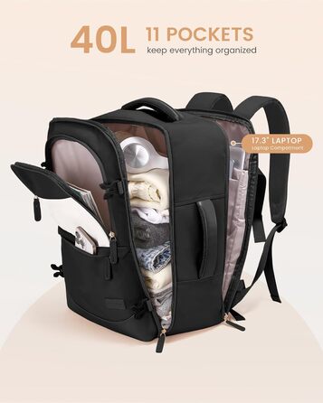 LOVEVOOK Рюкзак для ручної поклажі 40L, для подорожей, з відділенням для мокрого та сухого, для ноутбука 17.3 дюймів, чорний