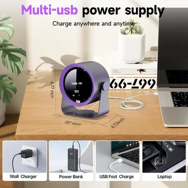 Перезаряджуваний USB-настільний вентилятор з цифровим дисплеєм, 5-рівневий тихий вентилятор, регульований на 90°, настільний вентилятор для спальні, кухні, кемпінгу, офісу, сірий