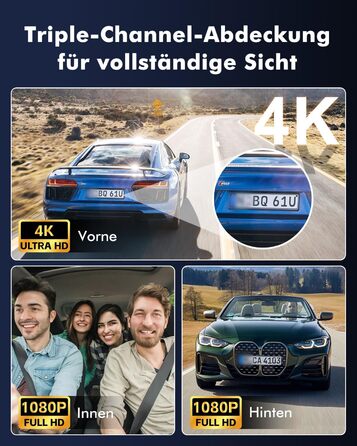 Відеореєстратор для авто 3-Kanal 4K UHD + Full HD (передня 170°, задня 140°, внутрішня 140°) з GPS, WiFi 6, нічним баченням HDR/WDR, 24/7 паркування, 64GB карта пам'яті