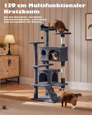 Дерево-стійка для котів Yaheetech 139 см, з 3 платформами, 3 стовпчиками для шліфування, 2 будиночками, м'ячиками, сірого кольору