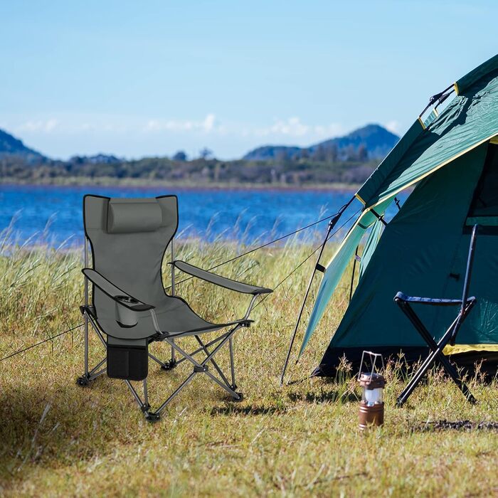 Набір кемпінгових стільців WOLTU 2 шт. з підставкою для ніг, пляжний стілець 2-в-1, вудильник, з підсклянником та сумкою для зберігання (Сірий)