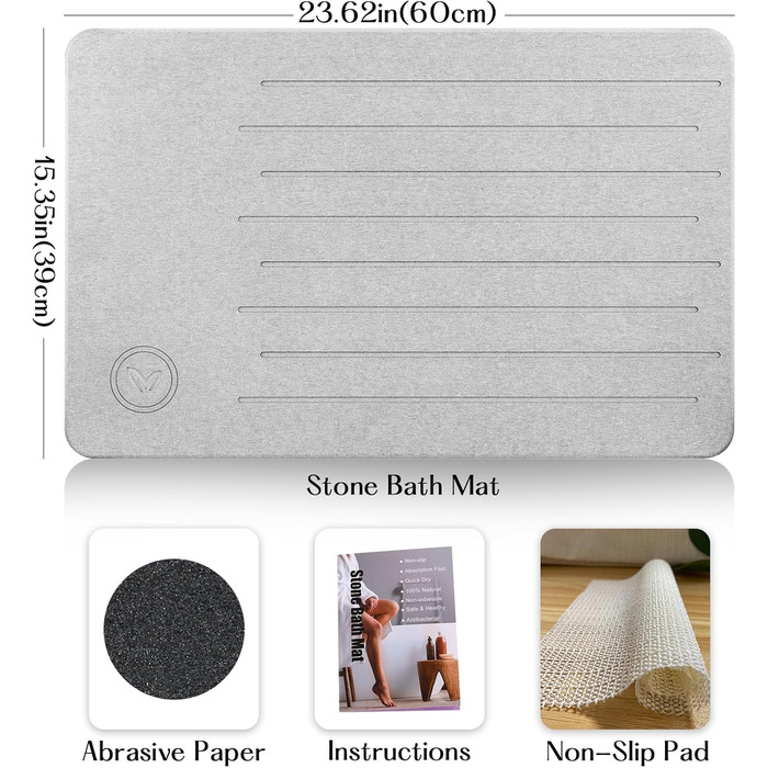 Amilutuo Badematte Stein, Diatomite Stone Bath Mat, Non-Slip Stone Bath Mat, Quick-Drying Stone Bath Mat Light Grey 60 x 39 CM