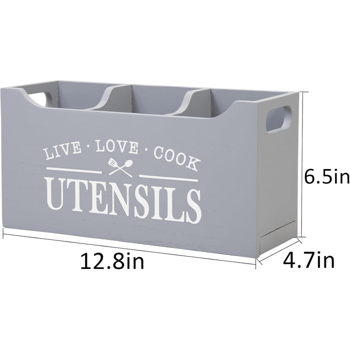 Karisky Kitchen Utensil Holder with Drainage Bottom, Large 3-Compartment Solid Real Wood Utensil Organizer for Countertops, Cooking Tools for Farmhouse Kitchens, (Gray)
