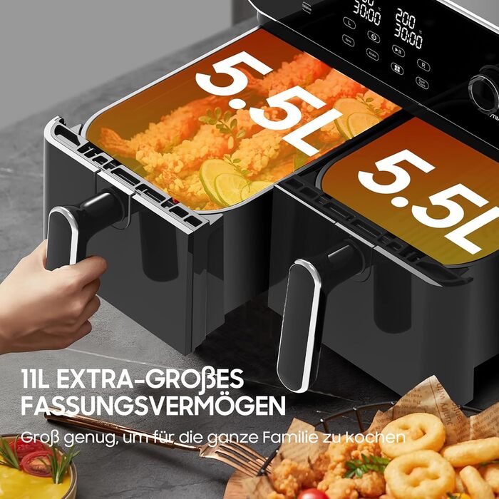 iceagle Hot Air Fryer 2 Chambers Airfryer XXL 11L - 1700 W Hot Air Fryer with 2 Compartments | Dual Zone Hot Air Fryer, 6 Cooking Functions, Touchscreen, Recipe Book Dual Basket 11L