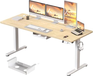 Електричний регульований стіл Airfish 160x80 см, бежевий, з USB-C зарядкою та керуванням кабелями, 3 положення пам'яті