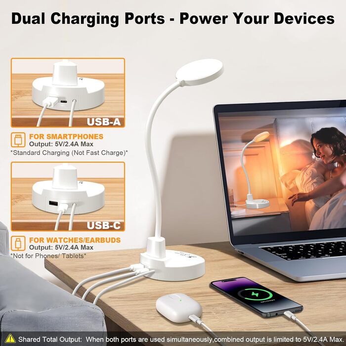 LED лампа настільна 15W з USB-A та USB-C – диммування, 3 колірні температури, 5 рівнів яскравості, таймер, гнусий 360° шийка, захист очей, для офісу та спальні (біла, 3.5 дюйма)