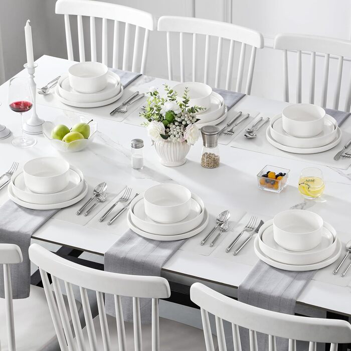 MALACASA, Leah Series, Dinnerware Set for 4 People, 12-Piece Porcelain Tableware Set Combination Set White, Dishware with Raised Edge consisting of 4x Dinner Plates, 4x Dessert Plates, 4x Cereal Bowls White, 12-Piece
