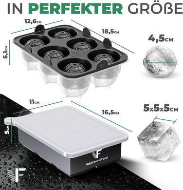 Neighbour's Friend Patented Ice Sphere Mold with XXL Ice Cube Mold - Large Round Silicone Ice Cube Mold for Cocktails, Whisky & Long Drinks - 6x Ice Cubes & 6x Ice Spheres, Dishwasher Safe