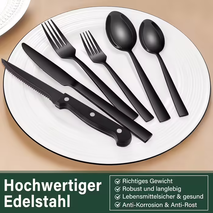 36-Piece Stainless Steel Cutlery Set with Steak Knives Black, Cutlery Set for 6 People, Elegant Dining Cutlery Set with Knife, Fork, and Spoon, Table Cutlery for Home/Party/Restaurant, Dishwasher Safe