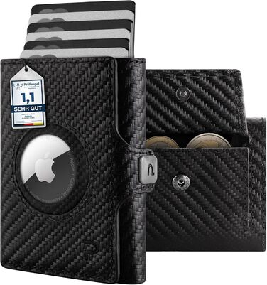Чоловічий шкіряний гаманець PURISTO KLIK Classic Slim з відділенням для монет - тонкий, з RFID-захистом, вміщує 10-14 карт (Carbon, AirTag XL)