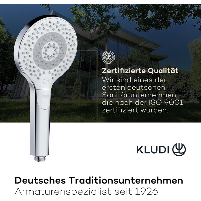 KLUDI-X3 Universal Shower Head with Hose, optional shower spray, water-saving with 3 spray patterns (Body, Hair, Skin), easy-to-clean shower head Ø 11.7 cm, shower hose 1.60 m