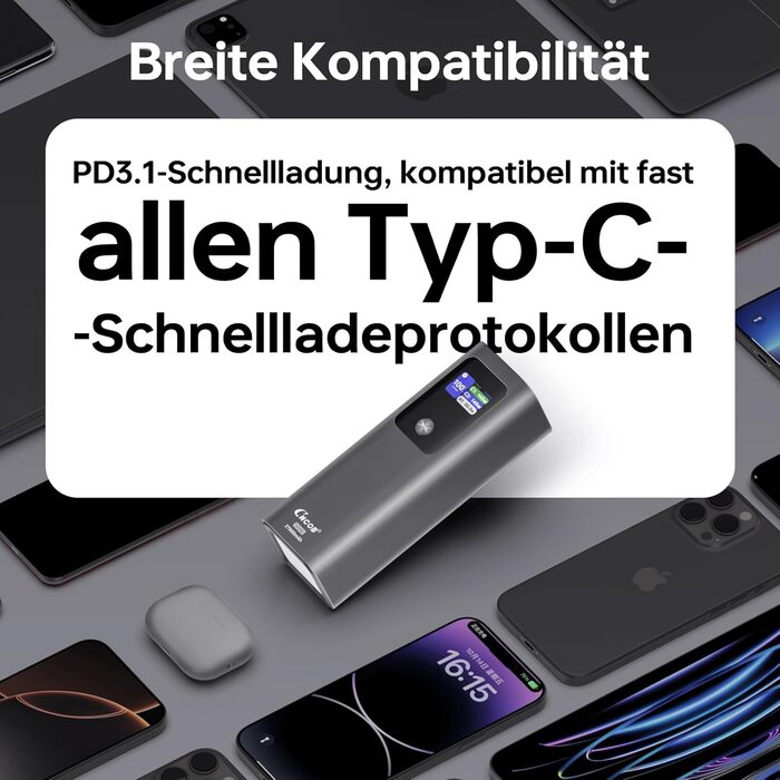 Powerbank 27000mAh, 140W, 3 порти, сумісний з iPhone, MacBook, iPad, AirPods