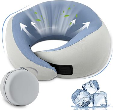 Memory Foam Travel Pillow with Storage Box - Orthopedic Neck Pillow for Airplane, Car, Train - Bluegray Ice Silk