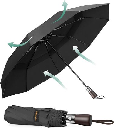 TECKNET Парасолька автоматична, чорна, штормостійка, легка у використанні