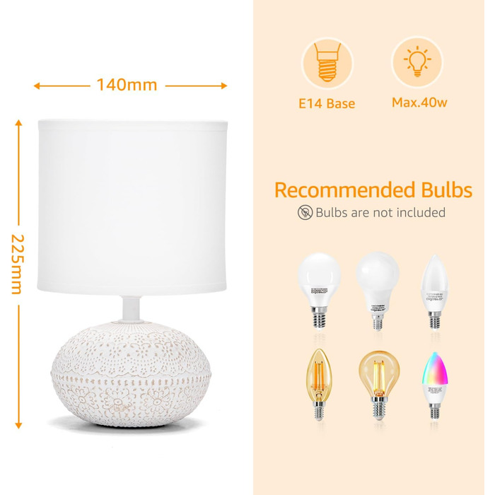 Керамічна настільна лампа Aigostar Vintage з абажуром з тканини, патрон E14, макс. 40W, сучасна лампа для спальні, вітальні, офісу (без лампочки) - H235mm (білий - H22.5cm)