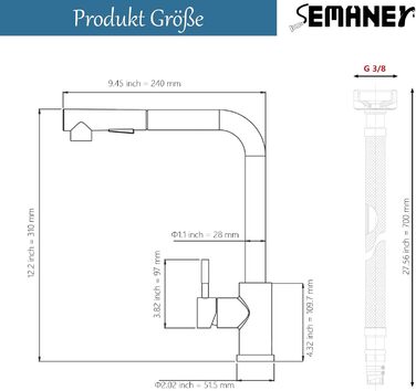 Висувний кран для кухні SEMANEY з двома режимами, поворотний на 360°, з донним виливом, однорегуляторний, матовий (для кухні)