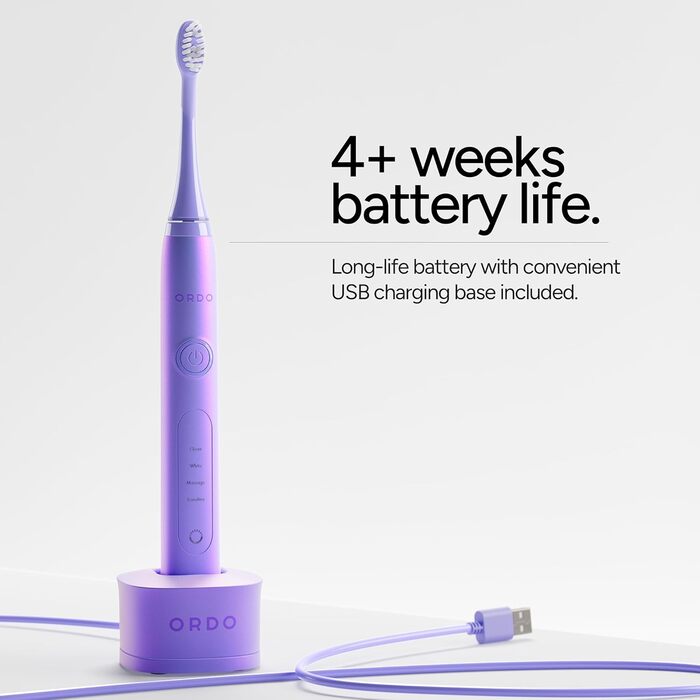 Електрична зубна щітка Ordo Sonic Advanced Smart Tech: 4 режими чищення, USB-зарядка, силіконовий полірувальник, перлинно-фіолетовий колір