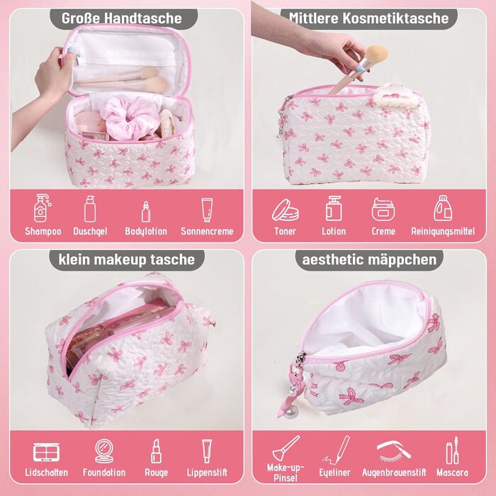 Набір косметичок з квітами для дівчаток та жінок, бавовняні культки, косметичні сумочки, естетичний стиль Clean Girl, рожевий бантик