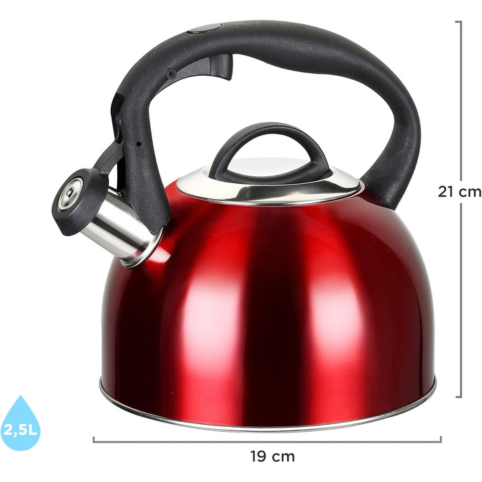 Чайник-свисток 2,5 л з нержавіючої сталі для Induktion, Gas, з свистком, чайник, кип'ятильник, кип'ятильник (червоний)