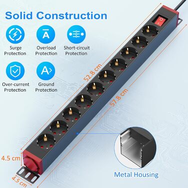 Мережевий фільтр 10 розеток з захистом від перенапруги, з вимикачем та поворотними кріпленнями, чорний, металевий корпус