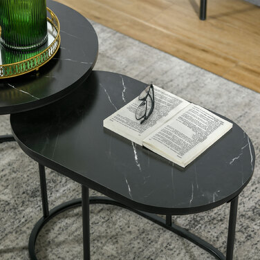 HOMCOM 2-Piece Round Oval Nesting Coffee Table Set - Holds up to 30 kg, Stackable - MDF & Steel Coffee Table, Black - Ø50 x 50 x 5H cm - For Living Room