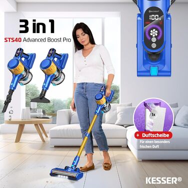 Бездротовий акумуляторний пилосос KESSER® з LED-дисплеєм, до 60 хв роботи, тихий, без мішка, з антинамотувальною насадкою, HEPA-фільтр, аромадиск (Синій/Золотий)