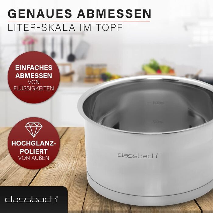 Набір каструль Classbach® 6-ти частинний | Набір каструль з нержавіючої сталі для всіх типів плит (індукційних, газових, склокерамічних, електричних) | Можна мити в посудомийній машині | Підходить для кемпінгу