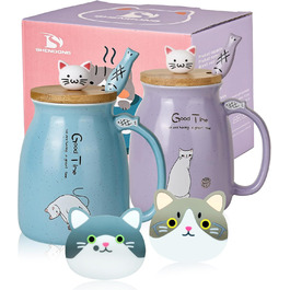 2-Pack Cat Mugs - Cute Ceramic Coffee Cups Set of 2 with Bamboo Lid and Spoon - Novelty Morning Cup Coffee, Milk, Tea Cups - 3D Cat Animal Mugs for Cat Lovers (blue and purple)