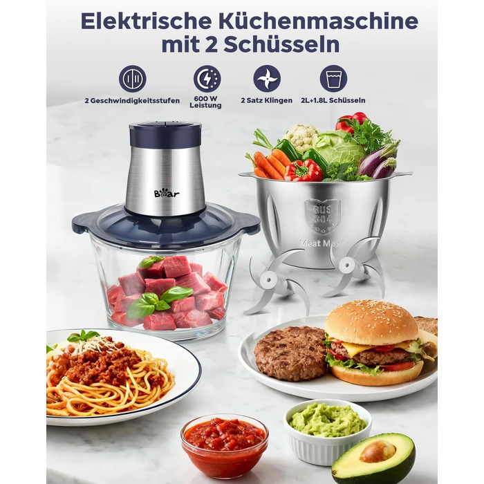 Електричний подрібнювач м'яса Bear 2L+1.8L з функцією м'ясоподрібнювача, 600W, 2 швидкості, зі скляною та нержавіючою сталлю, 4 леза, для м'яса, дитячого харчування, фруктів та овочів