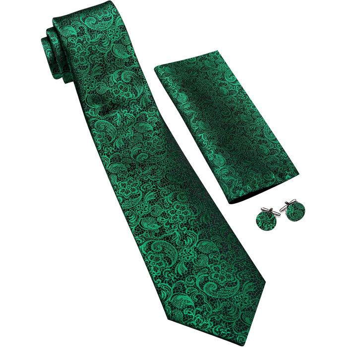 Набір краваток Barry.Wang з шовковим візерунком пейслі: краватка, кишеньковий хустинка, затискач для краватки (3 шт., зелений пейслі)