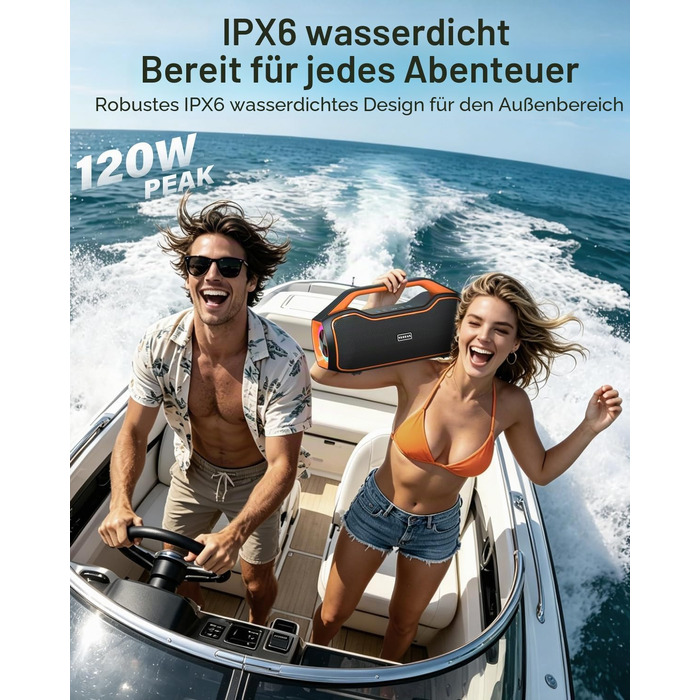 Bluetooth колонка портативна 120W помаранчева з басами, водонепроникна IP65, підтримка DSP/TWS/AUX/TF/BT5.4 для вечірок та пляжу