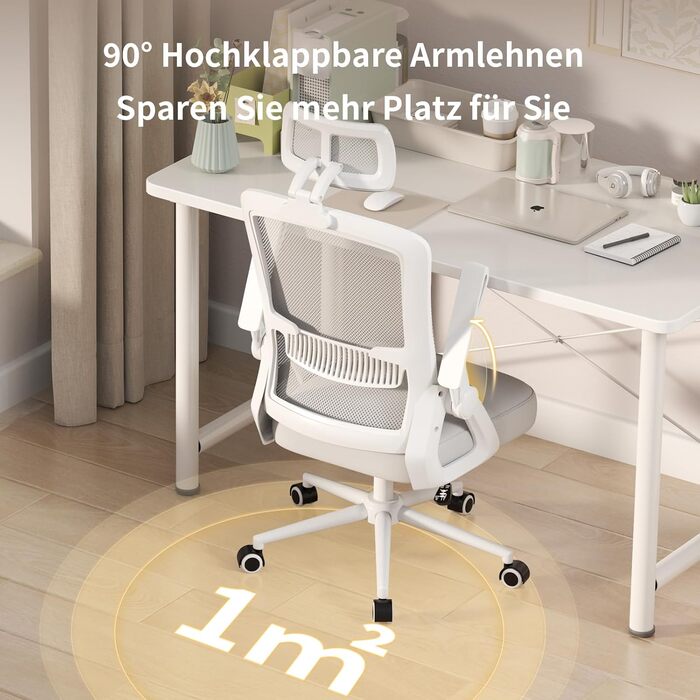 Офісний крісло Naspiro Ergonomic, регульована висота, поворотне, з дихаючою спинкою з сітки, відкидні підлокітники на 90°, підтримка попереку, щільна піна, для дому/офісу (Сірий-1, з підголовником)