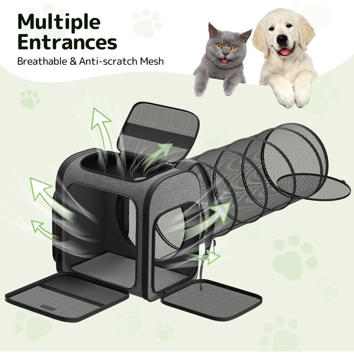 Рюкзак-переноска для котів Pawtners з розширеним тунелем для ігор, дозволений авіакомпаніями, для маленьких собак та великих котів до 11,3 кг, сірий, розмір L 40 x 32 x 38 см