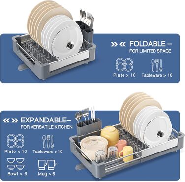 Стійка для посуду KINGRACK: розширювана, з нержавіючої сталі, з підставкою для столових приборів, антиковзаюча, сірого кольору