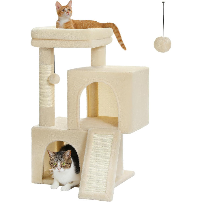 PETEPELA Scratching Post with Dual Condos for Apartment Cats, All-in-One Cat House with Padded Perch, Scratch Ramp and Post, and Replaceable Balls Beige