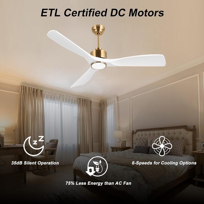 Сучасний стельовий вентилятор з підсвічуванням та пультом керування, 132 см, білий та золотий, тихий DC-двигун, сумісний з Alexa/Google Home