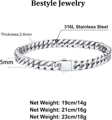 Чоловічий браслет Bestyle з нержавіючої сталі, ланцюг панцир, ширина 5/7/9/12.5 мм, срібний/чорний/золотий, довжина 19/21/23 см - ідеальний подарунок для чоловіків