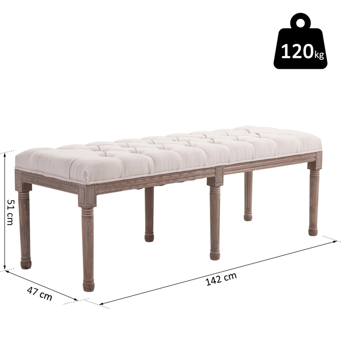 HOMCOM Upholstered Bench, Ottoman, Lounge Bench, Vintage Retro with Buttons, Linen, Wood, Beige, 142x47x51cm for Living Room & Hallway