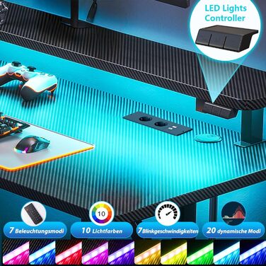 Small LED Gaming Desk with Power Outlets - Carbon Fiber PC Gamer Table 80cm/100cm
