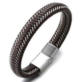 Чоловічий браслет Jazz Halukakah: шкіряний, ручної роботи, з магнітною застібкою, сталь, чорний та коричневий, регульований розмір 21.5-23 см, подарункова коробка
