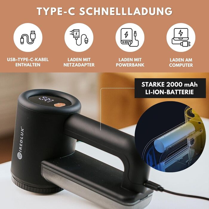 Електричний видальник ворсу WiredLux - акумуляторний пристрій для одягу та меблів. 3 швидкості, 6-ти лезове лезо, LED-дисплей, USB-зарядка (Чорний)