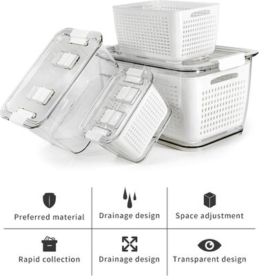 Freshness Food Storage Containers Set Refrigerator Organizer Reusable Storage Containers 3-Piece Set (0.5L+1.7L+4.5L) Plastic Refrigerator Organizer Set with Lid and Strainer (White, 3-Piece Set)